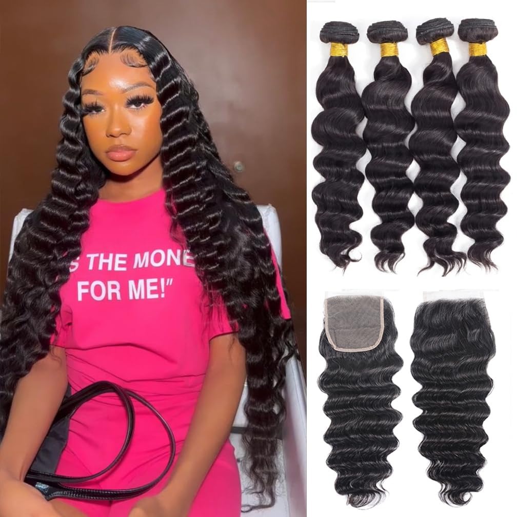 Deep Wave 3 Bundles With Closure - 30 inch losse golfbundels mensenhaar en